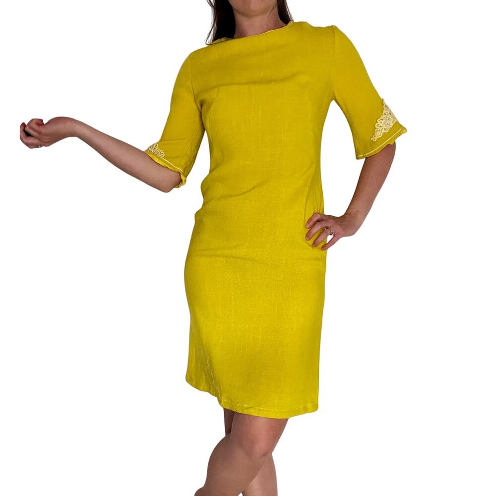 Vintage 1960s Stacy Ames Lime Green Shift Dress Lace Trim Sleeves Mod Linen S